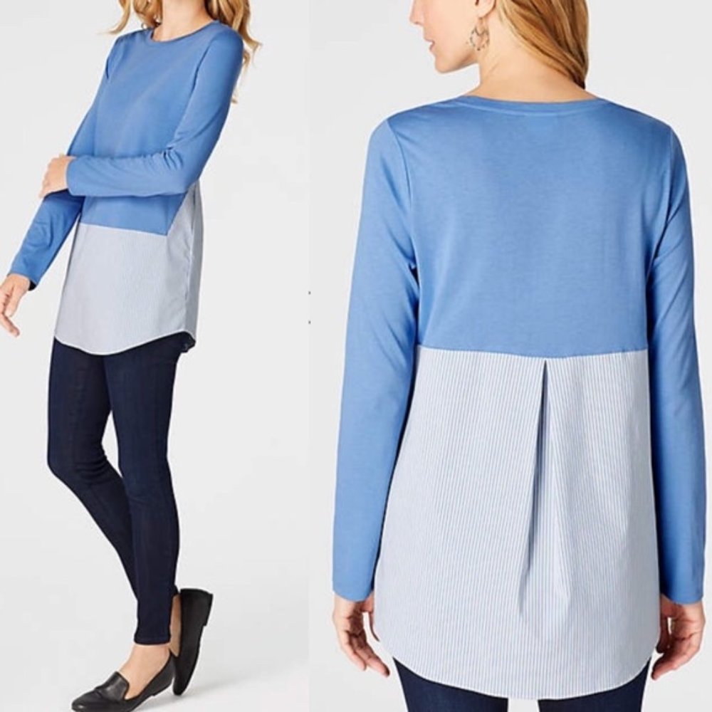 J. Jill Blue and White Color Block & Stripe Blouse S